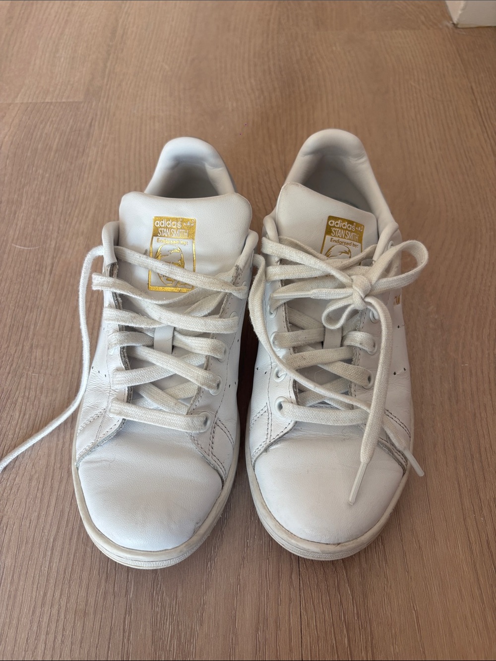 Adidas Stan Smith White Leather Sneakers with Gold Tongue Accents